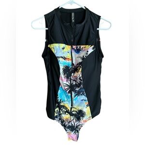 Torrid Swimsuit Women's Size L (0) Black/Palm Trees One-Piece Rashguard Zip